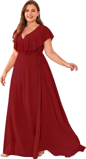 Women Plus Size V-Neck Flutter Sleeve Slit Thigh Belted Chiffon Long Formal Bridesmaid Dresses Evening Gowns