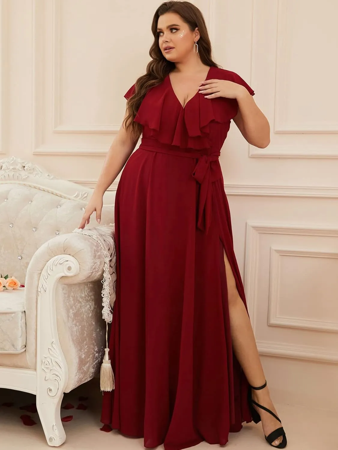 Women Plus Size V-Neck Flutter Sleeve Slit Thigh Belted Chiffon Long Formal Bridesmaid Dresses Evening Gowns