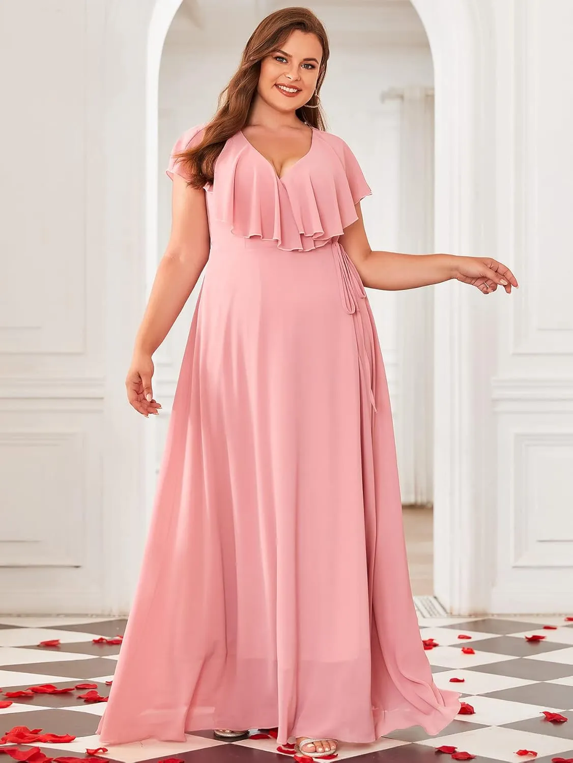 Women Plus Size V-Neck Flutter Sleeve Slit Thigh Belted Chiffon Long Formal Bridesmaid Dresses Evening Gowns