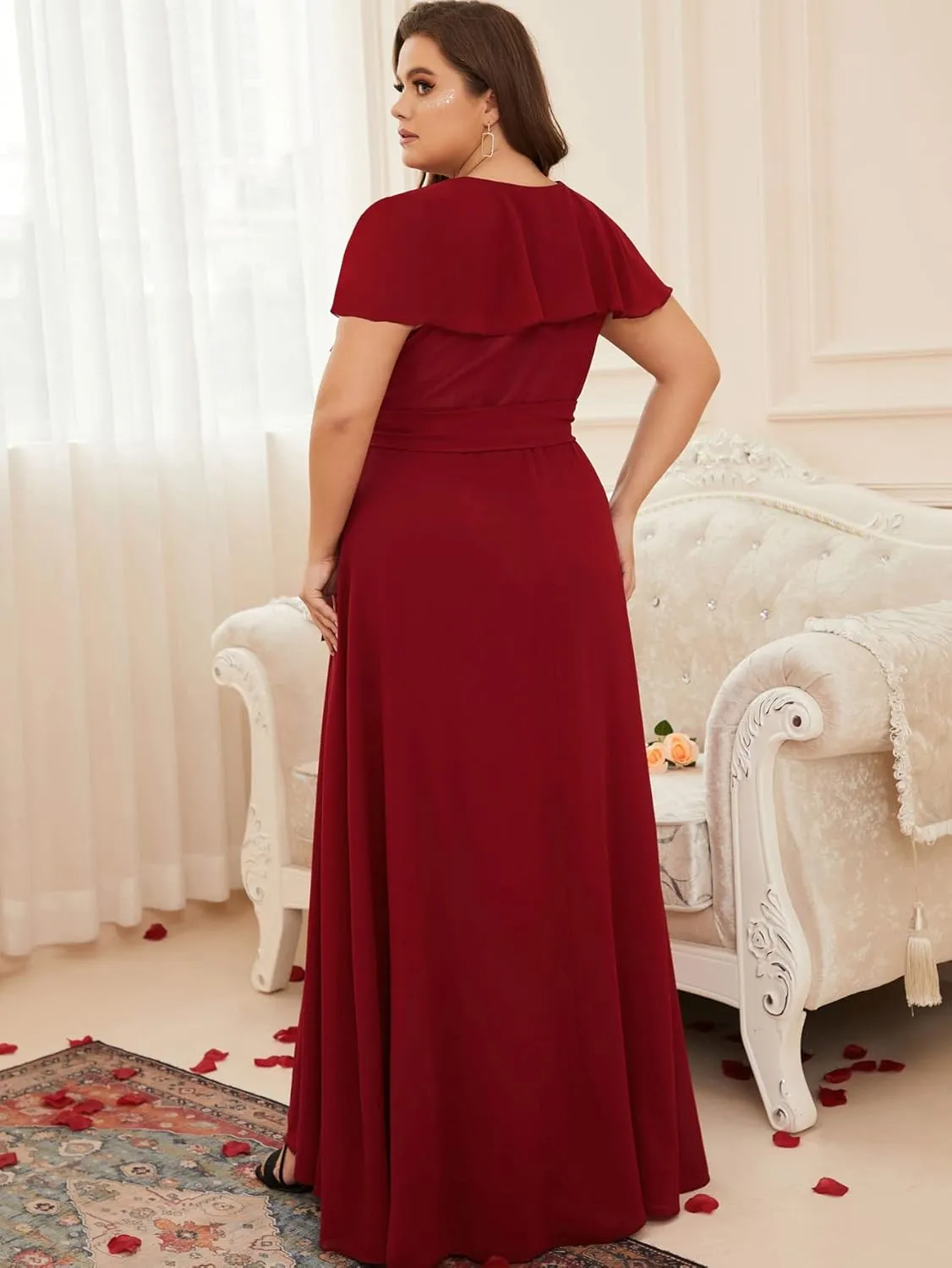 Women Plus Size V-Neck Flutter Sleeve Slit Thigh Belted Chiffon Long Formal Bridesmaid Dresses Evening Gowns