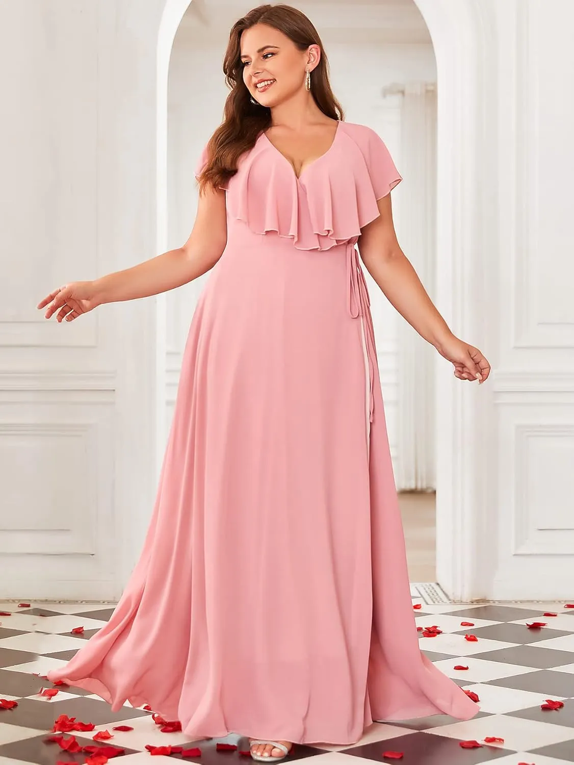 Women Plus Size V-Neck Flutter Sleeve Slit Thigh Belted Chiffon Long Formal Bridesmaid Dresses Evening Gowns