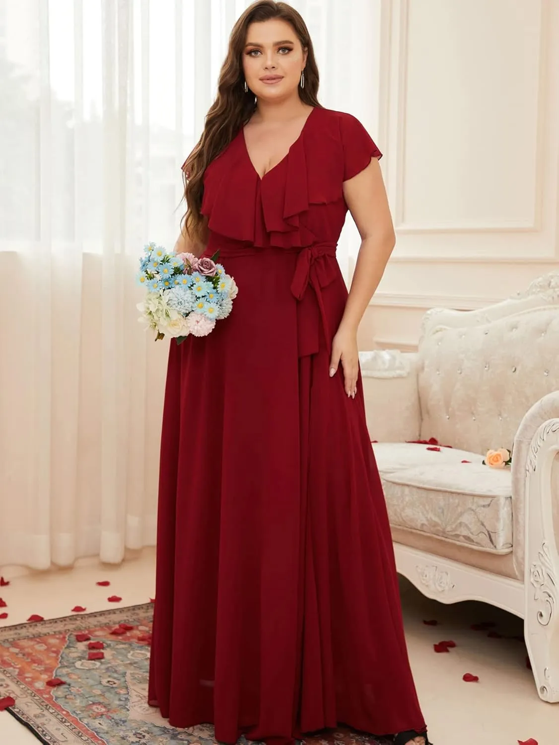 Women Plus Size V-Neck Flutter Sleeve Slit Thigh Belted Chiffon Long Formal Bridesmaid Dresses Evening Gowns