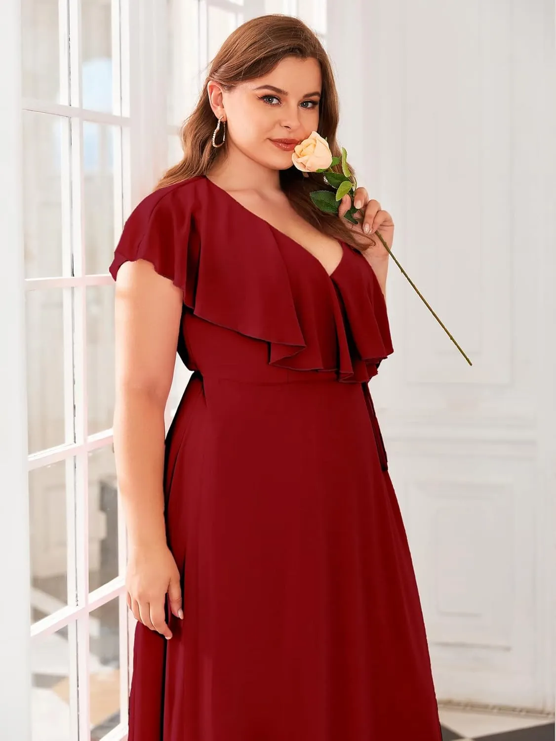 Women Plus Size V-Neck Flutter Sleeve Slit Thigh Belted Chiffon Long Formal Bridesmaid Dresses Evening Gowns