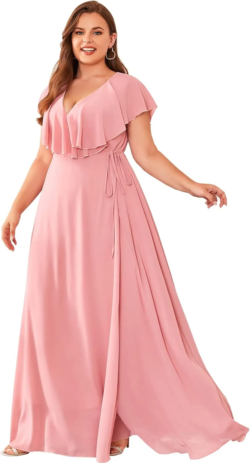 Women Plus Size V-Neck Flutter Sleeve Slit Thigh Belted Chiffon Long Formal Bridesmaid Dresses Evening Gowns