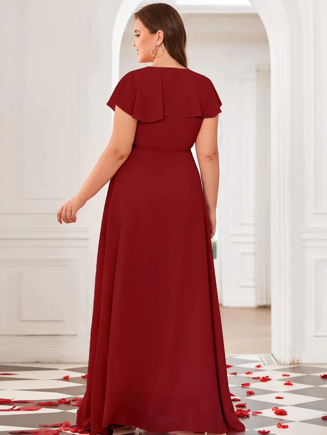 Women Plus Size V-Neck Flutter Sleeve Slit Thigh Belted Chiffon Long Formal Bridesmaid Dresses Evening Gowns
