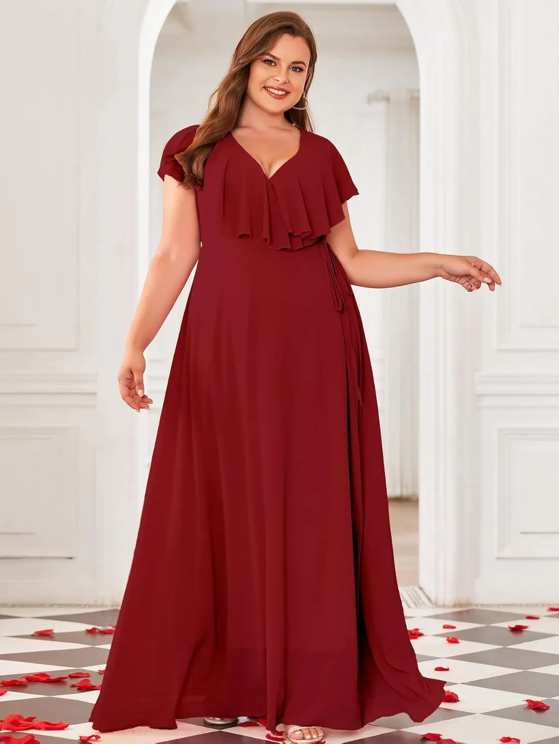 Women Plus Size V-Neck Flutter Sleeve Slit Thigh Belted Chiffon Long Formal Bridesmaid Dresses Evening Gowns