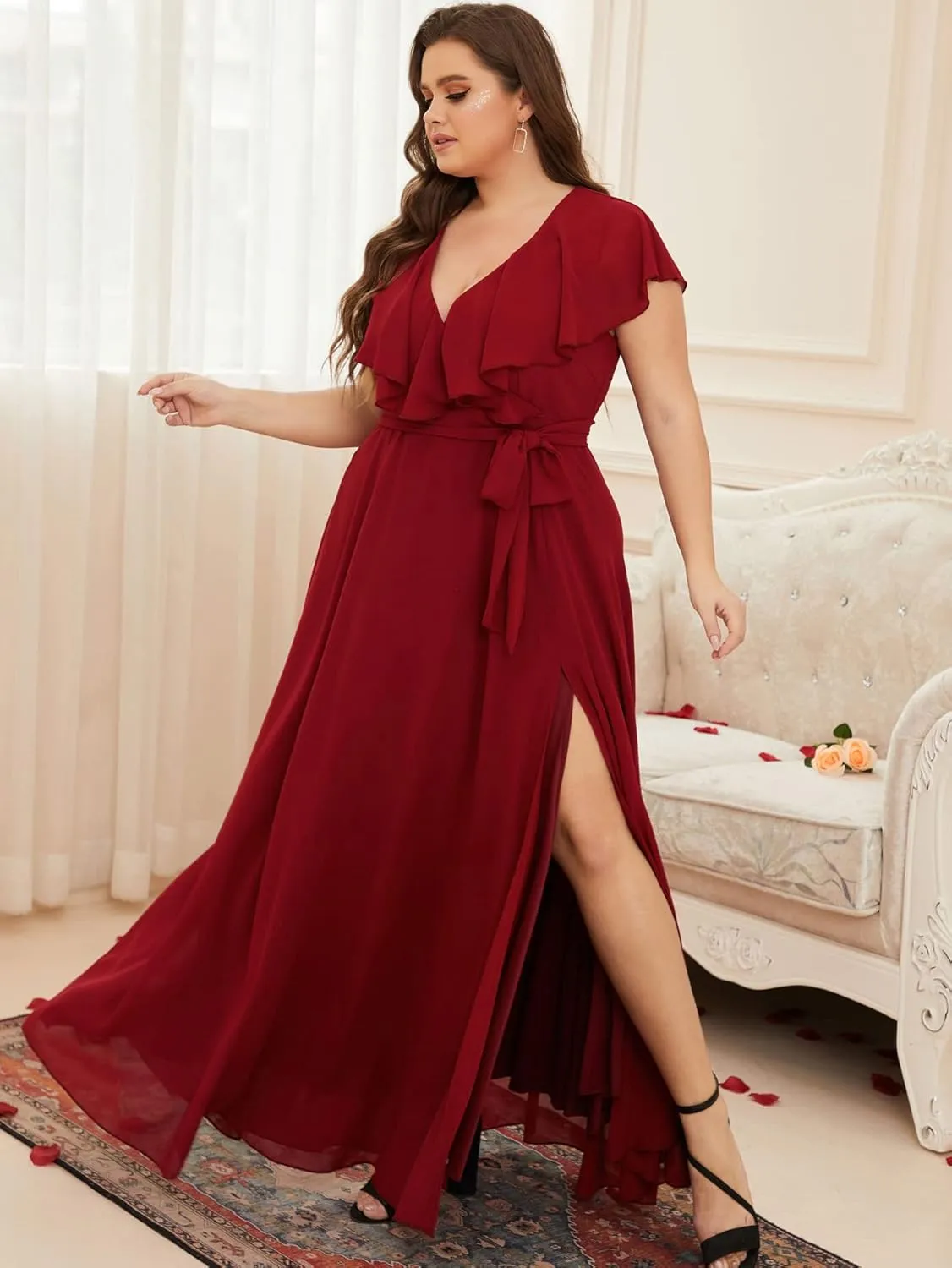 Women Plus Size V-Neck Flutter Sleeve Slit Thigh Belted Chiffon Long Formal Bridesmaid Dresses Evening Gowns