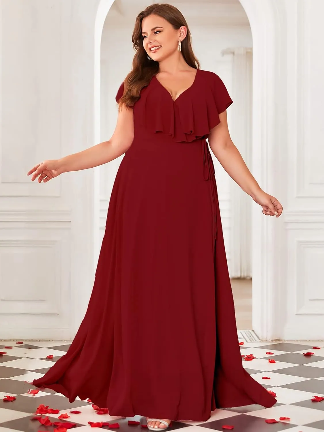 Women Plus Size V-Neck Flutter Sleeve Slit Thigh Belted Chiffon Long Formal Bridesmaid Dresses Evening Gowns