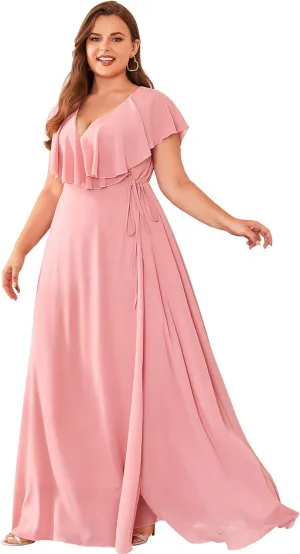 Women Plus Size V-Neck Flutter Sleeve Slit Thigh Belted Chiffon Long Formal Bridesmaid Dresses Evening Gowns