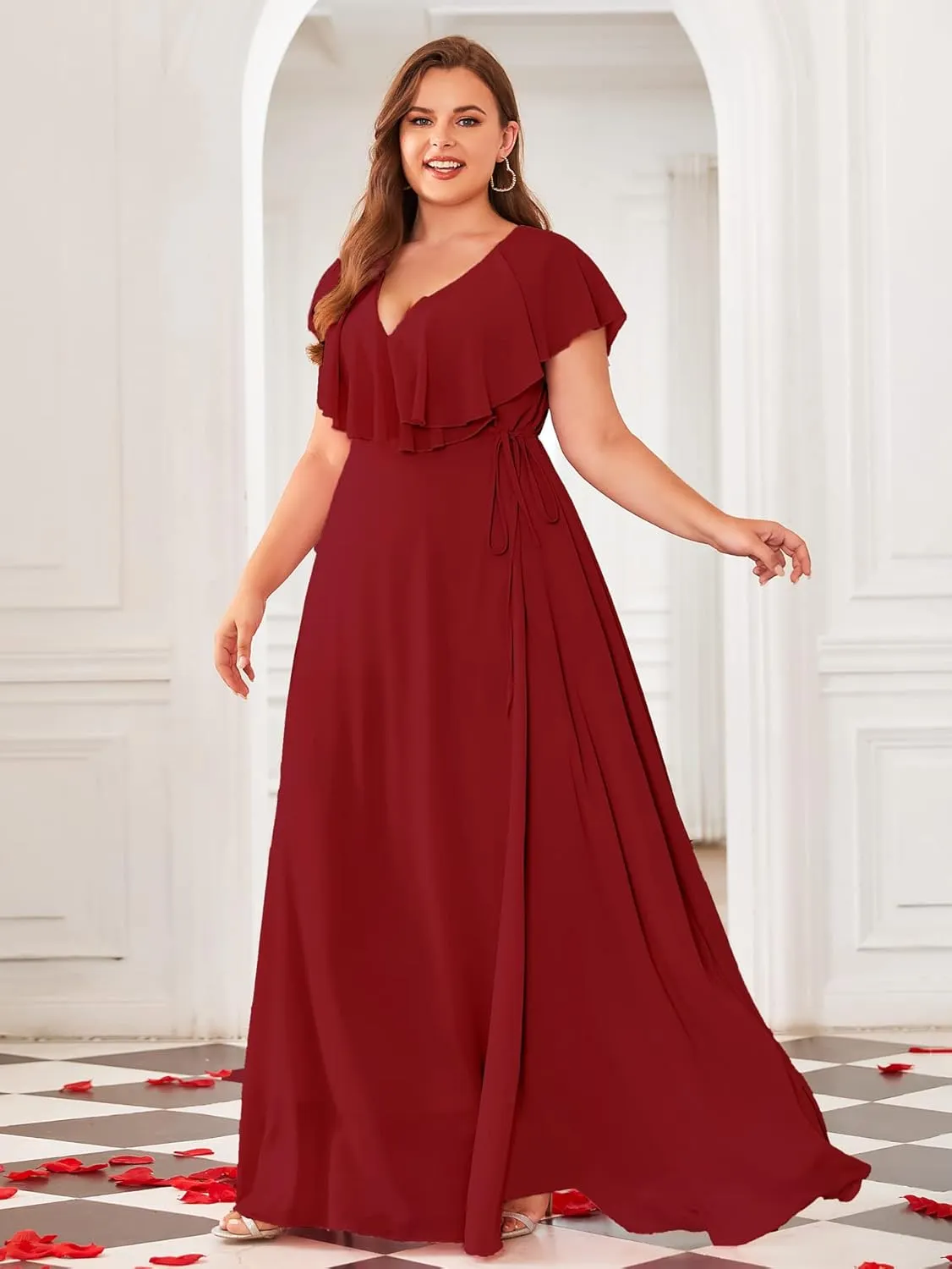 Women Plus Size V-Neck Flutter Sleeve Slit Thigh Belted Chiffon Long Formal Bridesmaid Dresses Evening Gowns