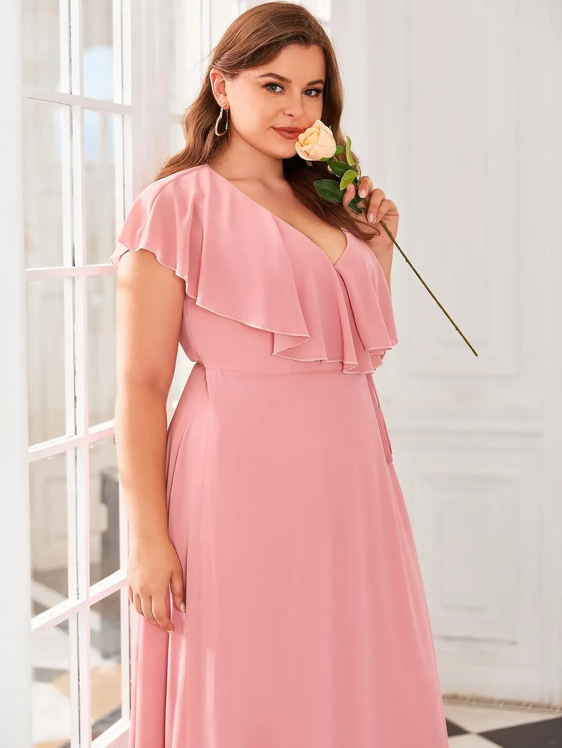 Women Plus Size V-Neck Flutter Sleeve Slit Thigh Belted Chiffon Long Formal Bridesmaid Dresses Evening Gowns