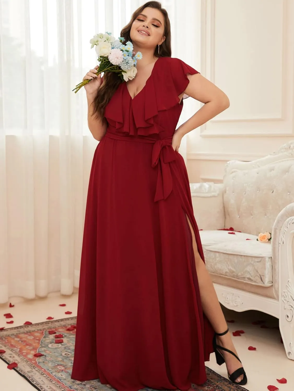 Women Plus Size V-Neck Flutter Sleeve Slit Thigh Belted Chiffon Long Formal Bridesmaid Dresses Evening Gowns