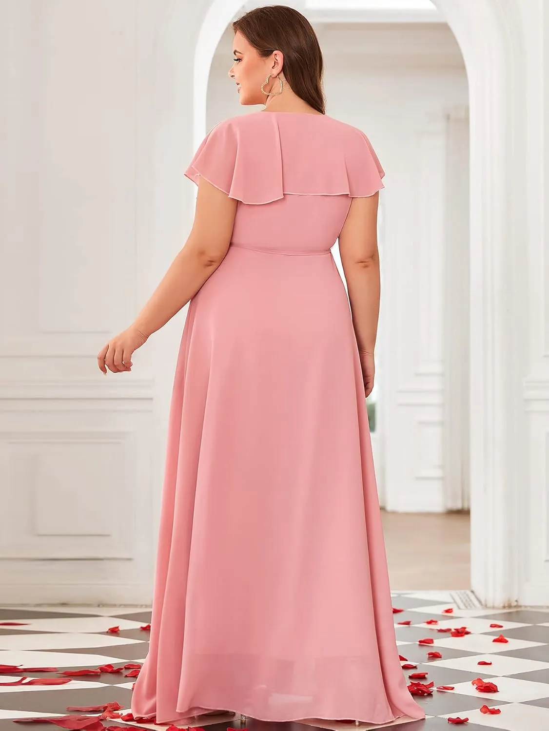 Women Plus Size V-Neck Flutter Sleeve Slit Thigh Belted Chiffon Long Formal Bridesmaid Dresses Evening Gowns