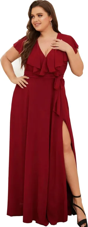 Women Plus Size V-Neck Flutter Sleeve Slit Thigh Belted Chiffon Long Formal Bridesmaid Dresses Evening Gowns