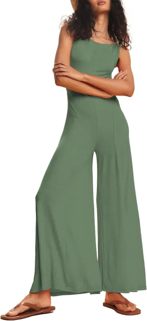 Women Sleeveless Casual Jumpsuits Wide Leg Backless Summer Beach Vacation Rompers One Piece Outfits