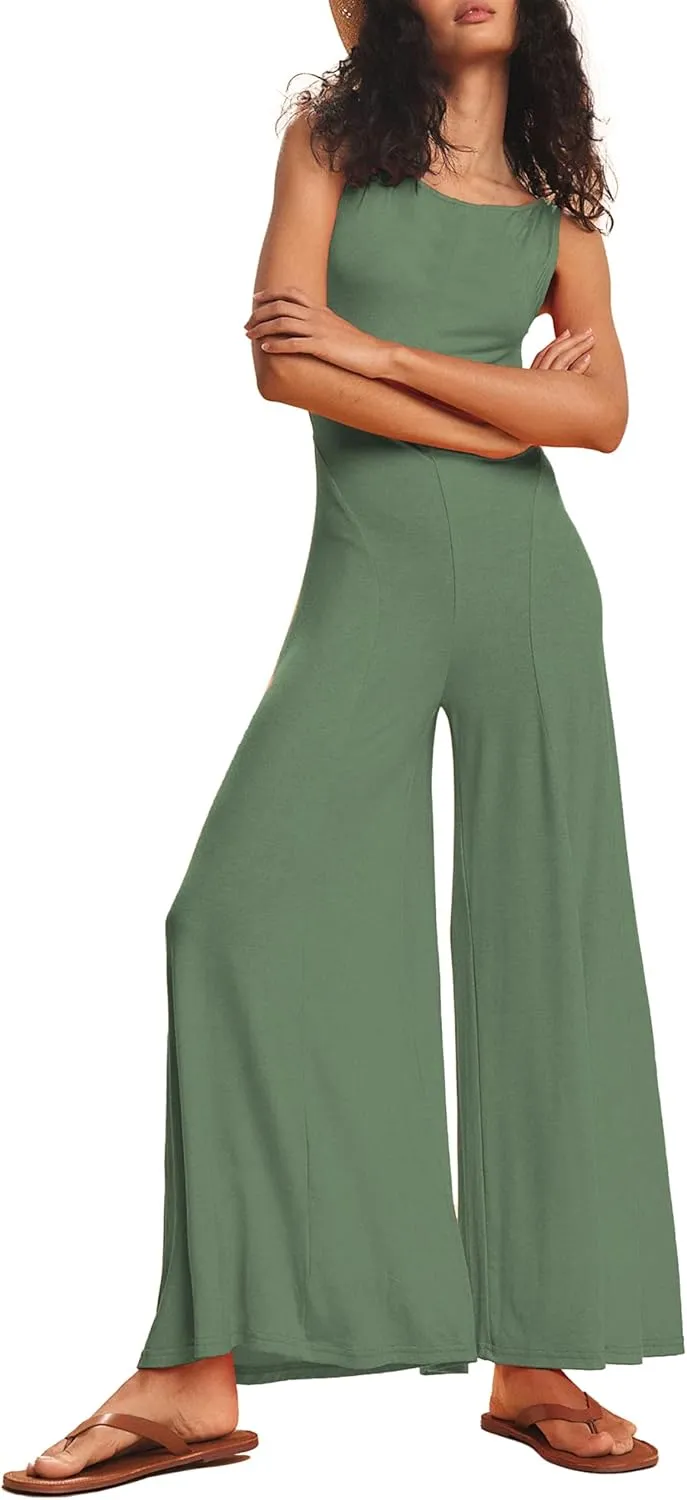 Women Sleeveless Casual Jumpsuits Wide Leg Backless Summer Beach Vacation Rompers One Piece Outfits