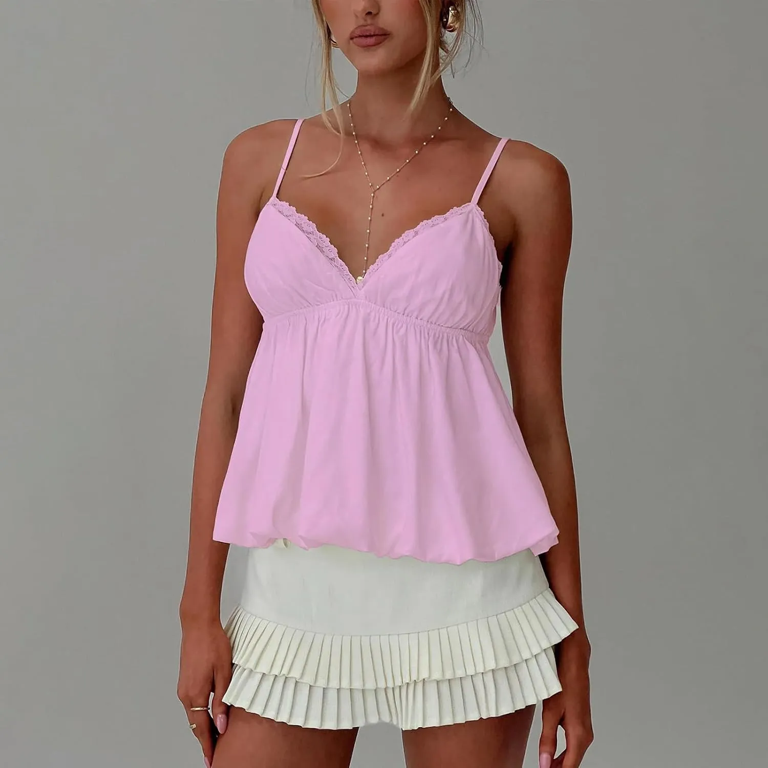 Women Y2K Cami Shirt Sexy V Neck Sleeveless Peplum Crop Top Spaghetti Strap Babydoll Tank Tops Going Out Camisole