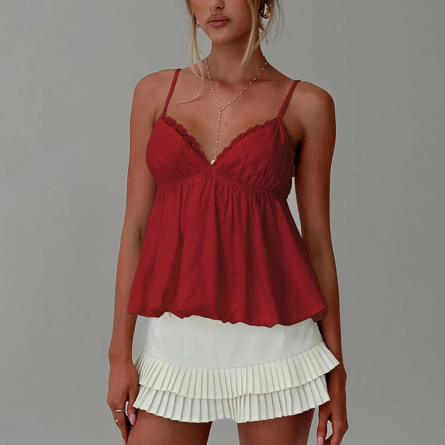 Women Y2K Cami Shirt Sexy V Neck Sleeveless Peplum Crop Top Spaghetti Strap Babydoll Tank Tops Going Out Camisole