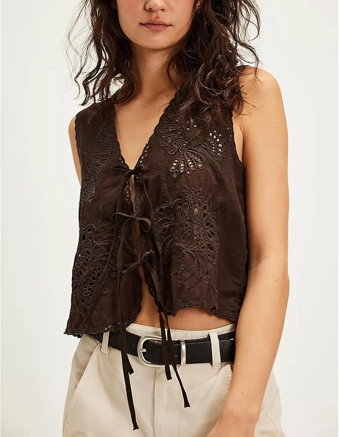 Women Y2k Embroidered Floral Front Tie Up Tank Vest Summer V Neck Cute Eyelet Going Out Crop Tops Blouse Shirts