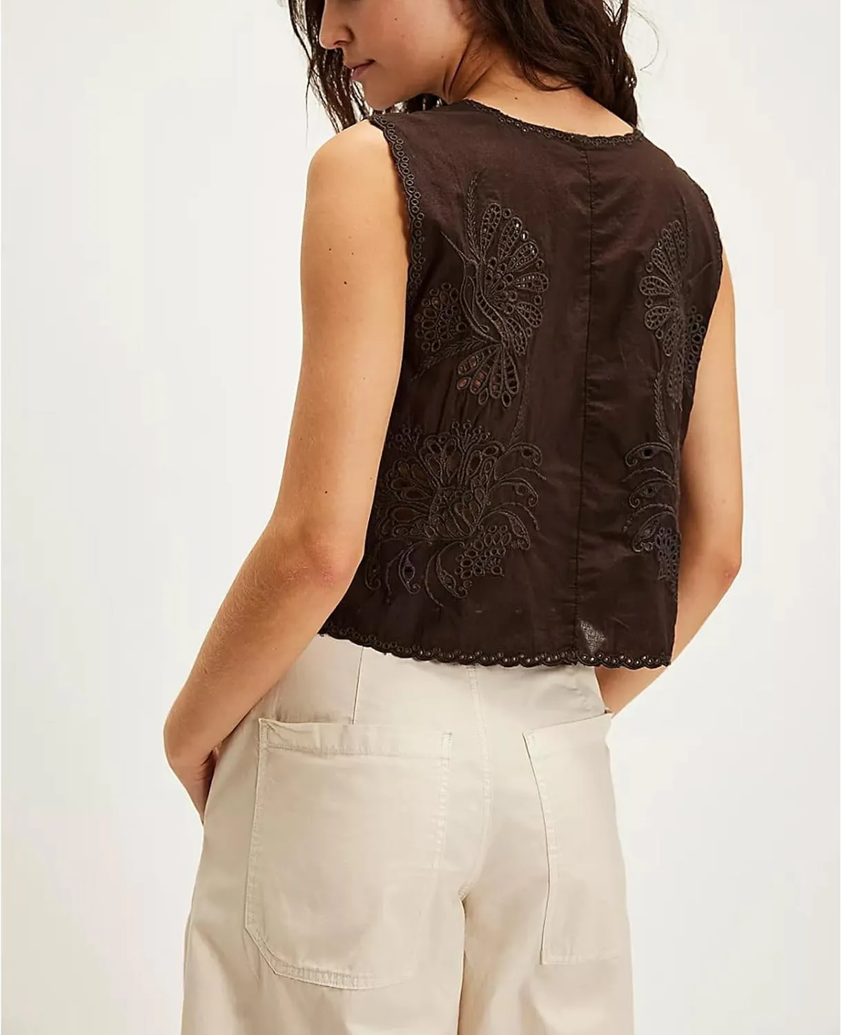 Women Y2k Embroidered Floral Front Tie Up Tank Vest Summer V Neck Cute Eyelet Going Out Crop Tops Blouse Shirts