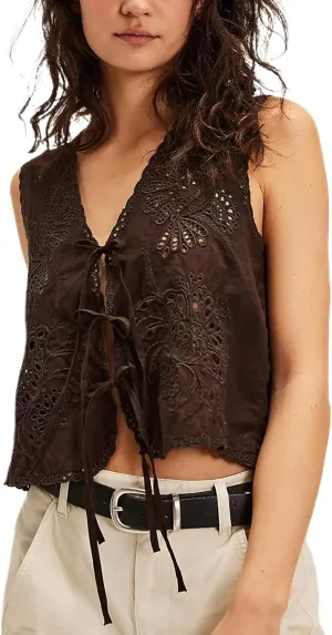 Women Y2k Embroidered Floral Front Tie Up Tank Vest Summer V Neck Cute Eyelet Going Out Crop Tops Blouse Shirts