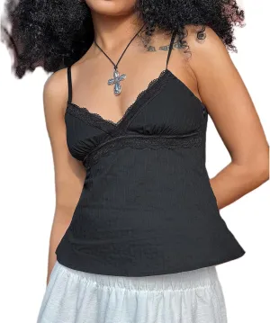 Women Y2K Floral Babydoll Tank Top Sexy Spaghetti Strap V Neck Ruffle Cami Tops Sleeveless Peplum Shirts Camisoles