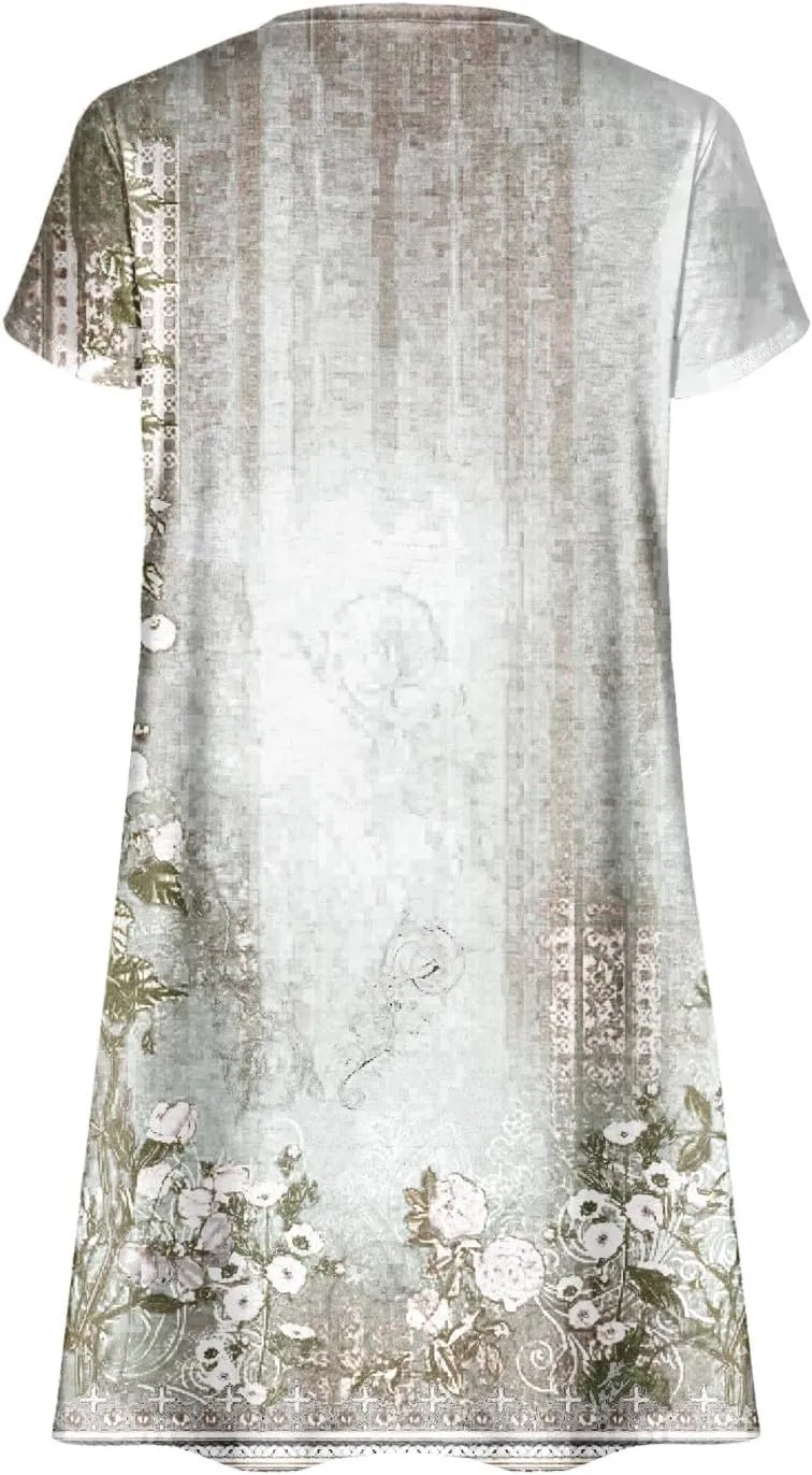 Women's 2025 Summer Casual Floral Boho Dress Flowing Ruffle T Shirt Dress Flowy a-Line Summer Outing V Midi Dresses