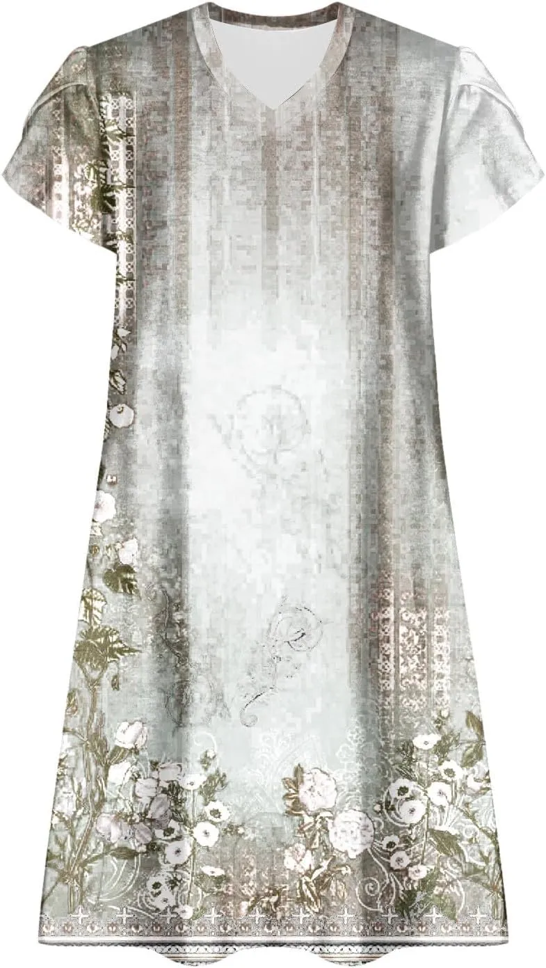 Women's 2025 Summer Casual Floral Boho Dress Flowing Ruffle T Shirt Dress Flowy a-Line Summer Outing V Midi Dresses