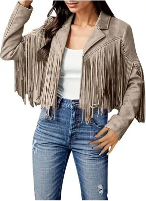Womens Anorak Jacket Women Fringe Faux Suede Leather Jackets Fashion Tassel Motorcycle Cropped Jacket for Old