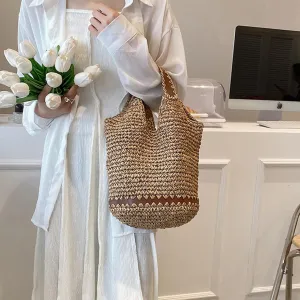 Women's Boho Straw Woven Beach Bag Rattan Bucket Small Tote Bag 2025 Summer Trendy Fashion Raffia Handbags