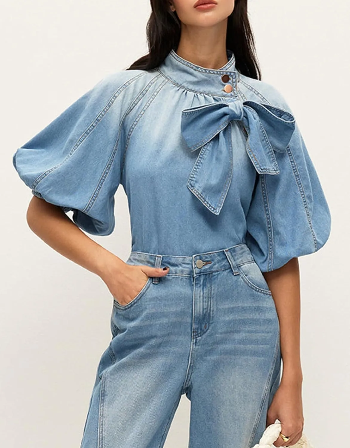 Women's Bow Detail Denim Top Mock Neck Puff Half Sleeve Button Up Shirt Tie Knot Pullover Jacket