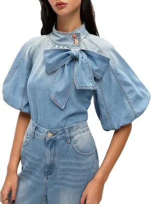 Women's Bow Detail Denim Top Mock Neck Puff Half Sleeve Button Up Shirt Tie Knot Pullover Jacket
