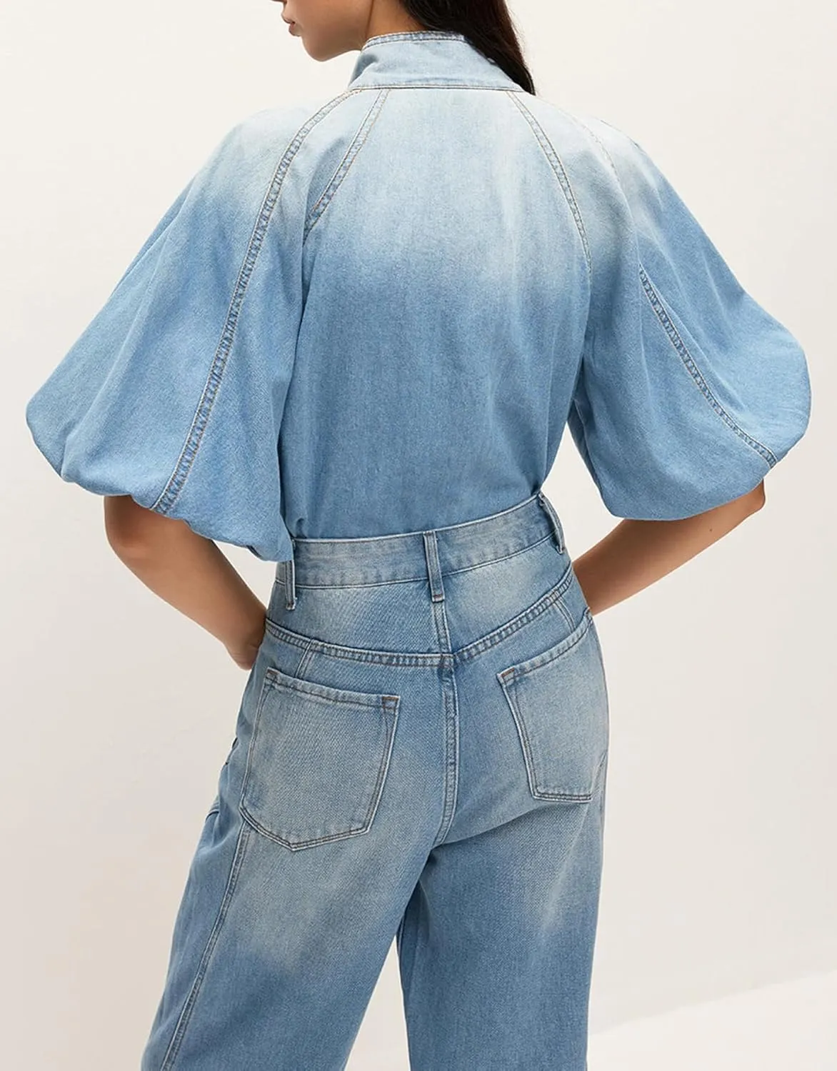Women's Bow Detail Denim Top Mock Neck Puff Half Sleeve Button Up Shirt Tie Knot Pullover Jacket