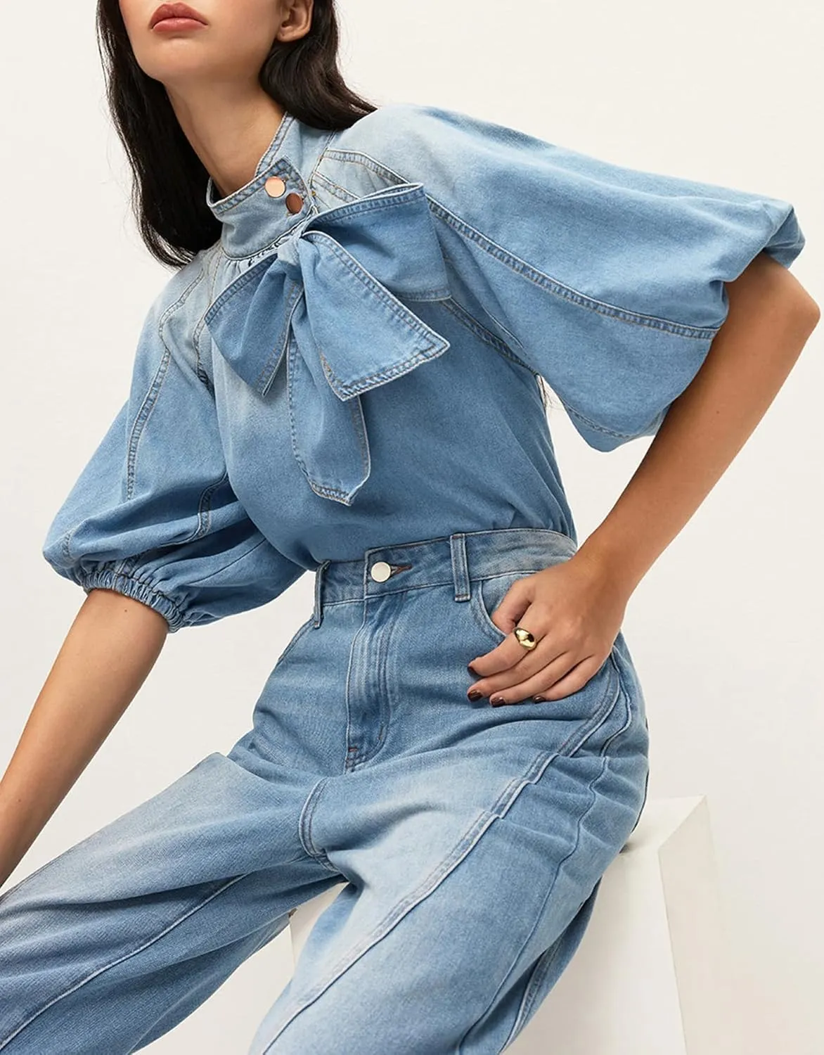 Women's Bow Detail Denim Top Mock Neck Puff Half Sleeve Button Up Shirt Tie Knot Pullover Jacket