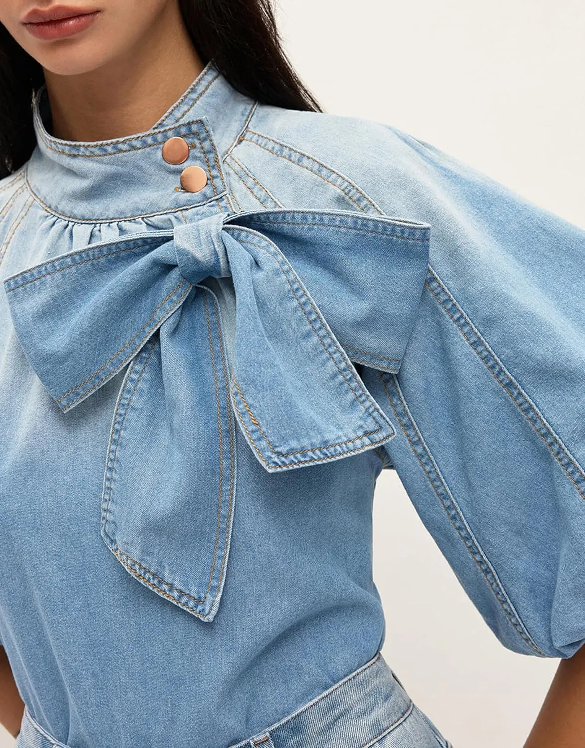 Women's Bow Detail Denim Top Mock Neck Puff Half Sleeve Button Up Shirt Tie Knot Pullover Jacket