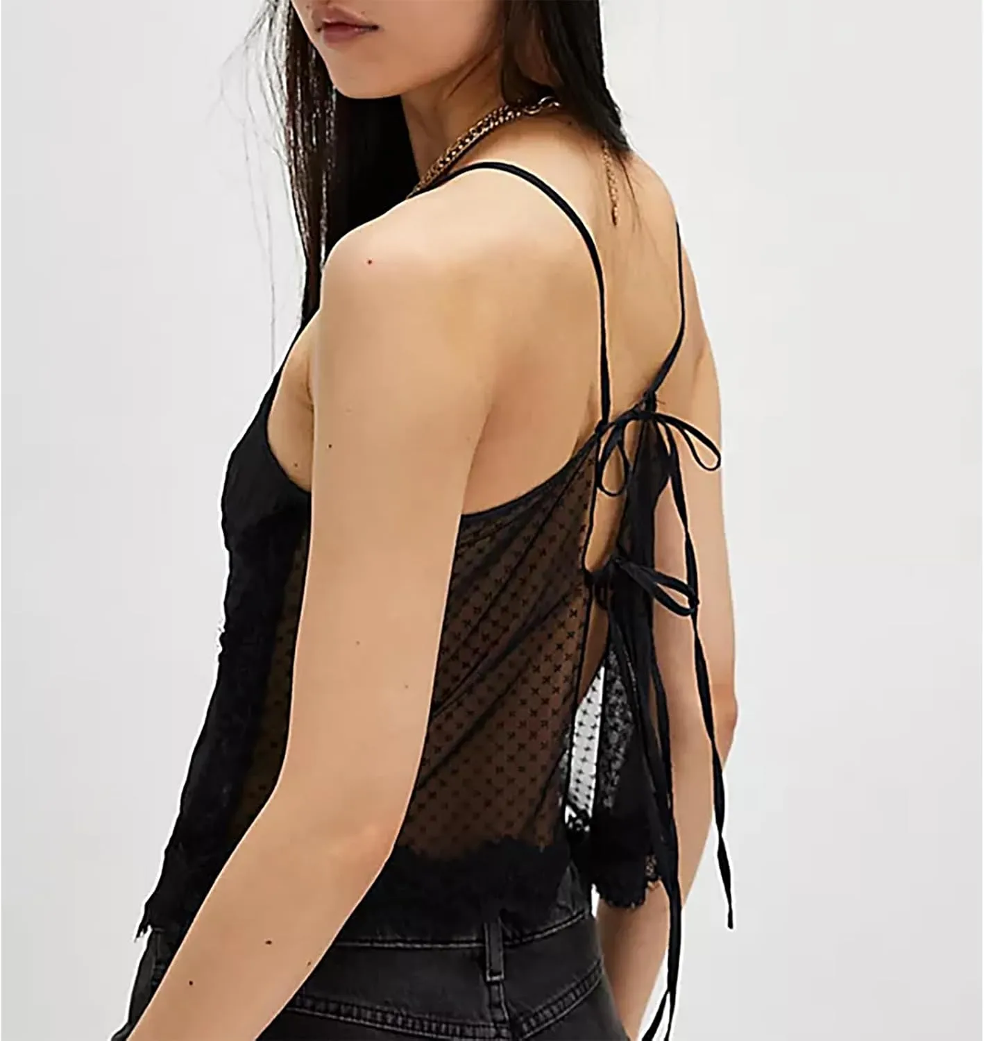 Women's Camisole Tank Tops Spaghetti Strap Deep V Neck Open Back Going Out Sleeveless Lace Crop Tops Streetwear