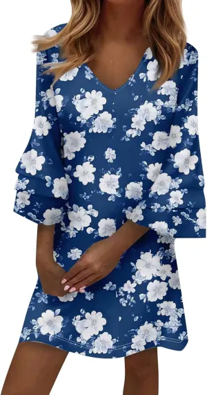 Womens Casual Boho Dresses Trendy Flower Print Summer Dress Loose Fit V Neck 3/4 Bell Sleeve Flowy Dress