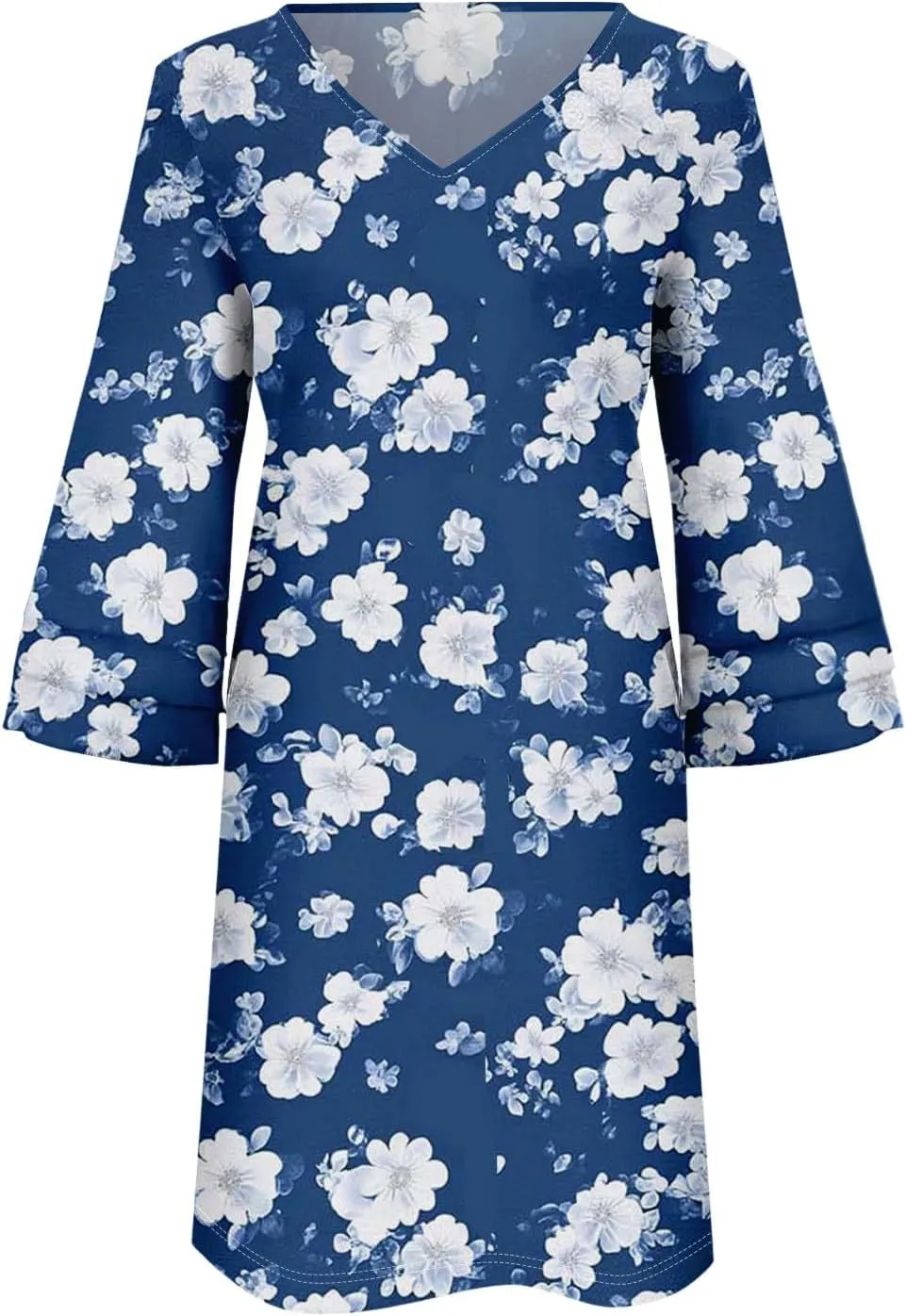 Womens Casual Boho Dresses Trendy Flower Print Summer Dress Loose Fit V Neck 3/4 Bell Sleeve Flowy Dress