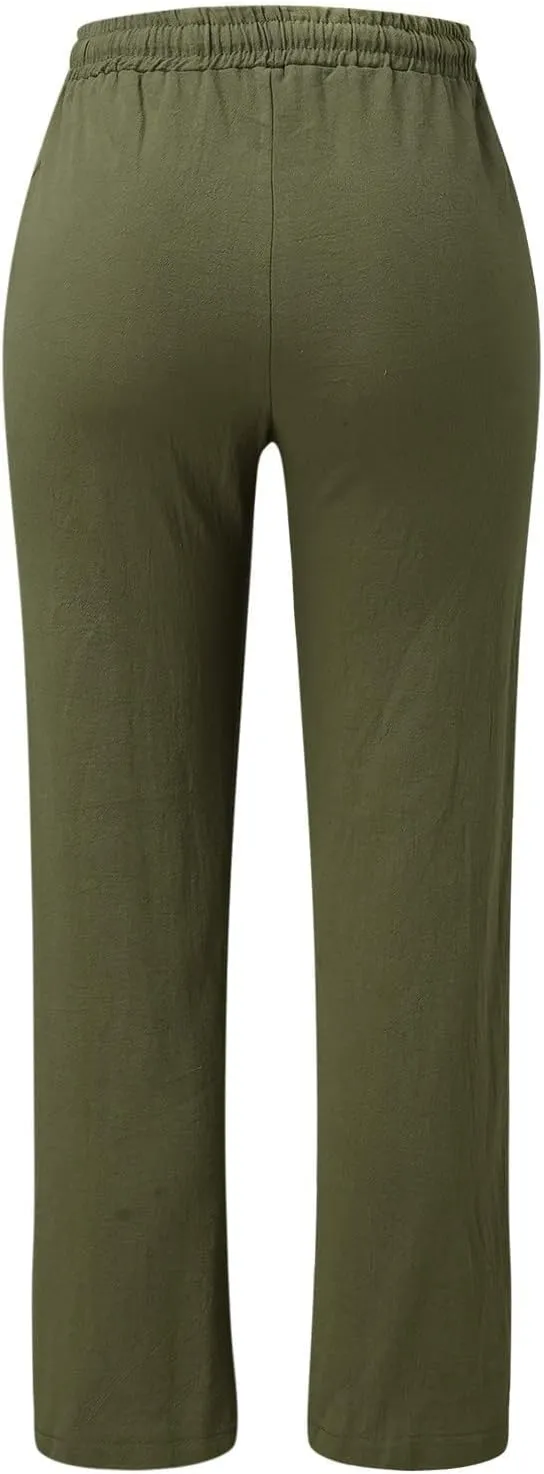 Womens Casual Linen High Waist Pants Straight Leg Drawstring Long Trouser Summer Loose Fit Pants with Pockets