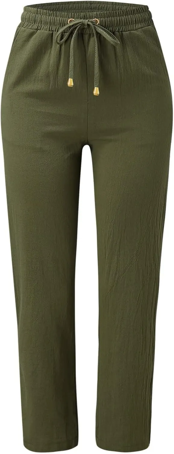 Womens Casual Linen High Waist Pants Straight Leg Drawstring Long Trouser Summer Loose Fit Pants with Pockets