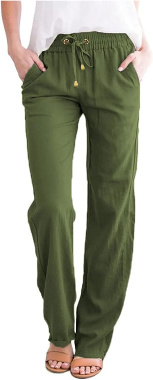 Womens Casual Linen High Waist Pants Straight Leg Drawstring Long Trouser Summer Loose Fit Pants with Pockets
