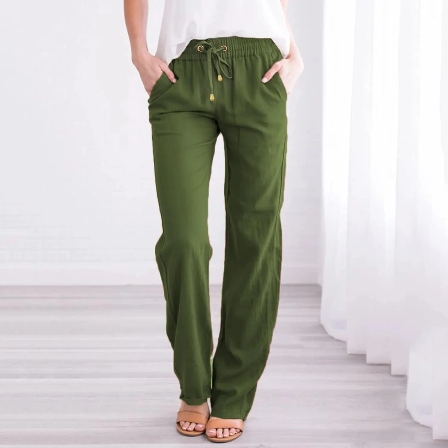 Womens Casual Linen High Waist Pants Straight Leg Drawstring Long Trouser Summer Loose Fit Pants with Pockets