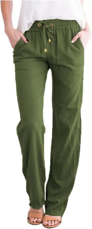 Womens Casual Linen High Waist Pants Straight Leg Drawstring Long Trouser Summer Loose Fit Pants with Pockets