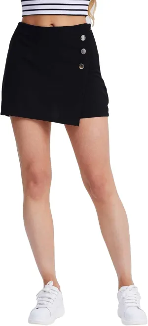 Women's Casual Stretchy Mini Buttons Skater Skirt with Shorts Zipper High Waist Skort Black