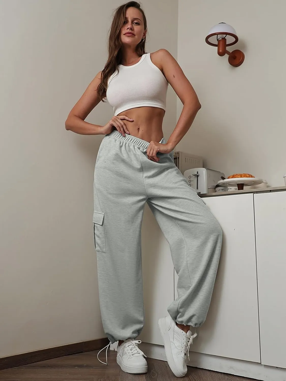 Womens Casual Sweatpants High Waisted Baggy Cargo Pants Athletic Running Joggers Y2K Wide Leg Pant with Pockets