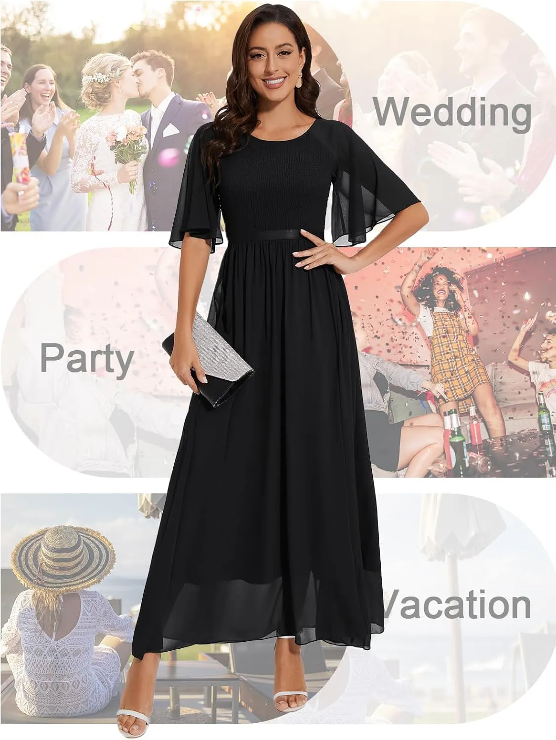 Womens Chiffon Bridesmaid Formal Gowns Short Sleeve Smocked Cocktail Prom Wedding Guest Maxi Dress