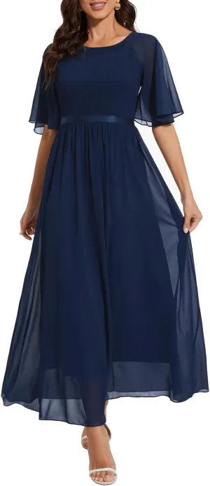 Womens Chiffon Bridesmaid Formal Gowns Short Sleeve Smocked Cocktail Prom Wedding Guest Maxi Dress
