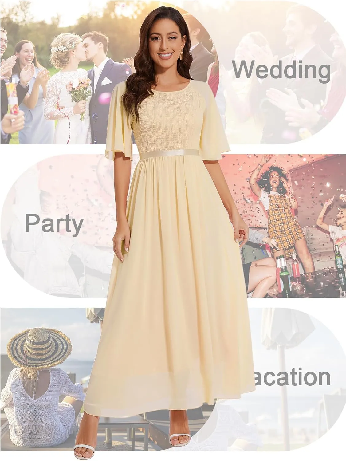 Womens Chiffon Bridesmaid Formal Gowns Short Sleeve Smocked Cocktail Prom Wedding Guest Maxi Dress