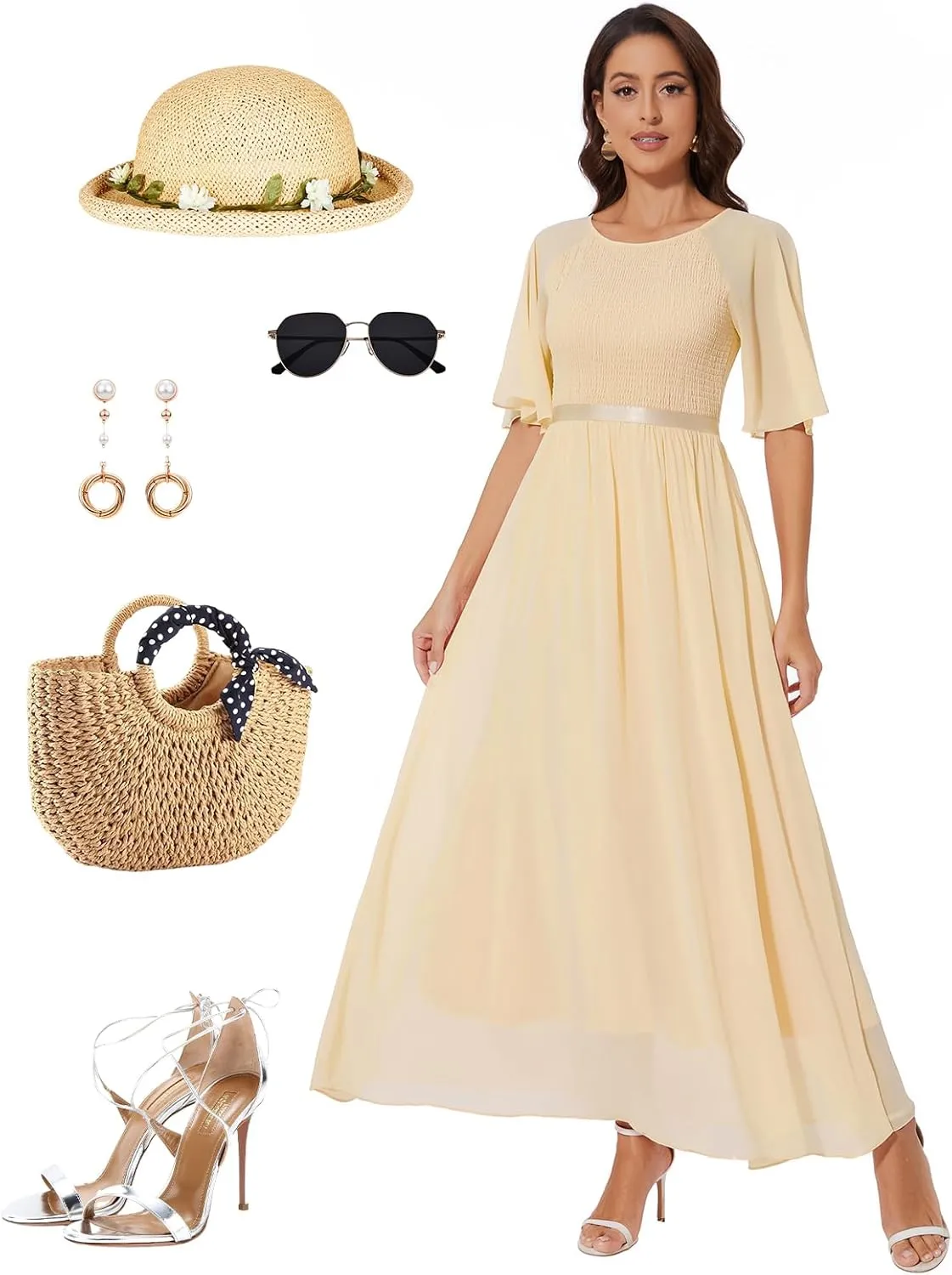 Womens Chiffon Bridesmaid Formal Gowns Short Sleeve Smocked Cocktail Prom Wedding Guest Maxi Dress