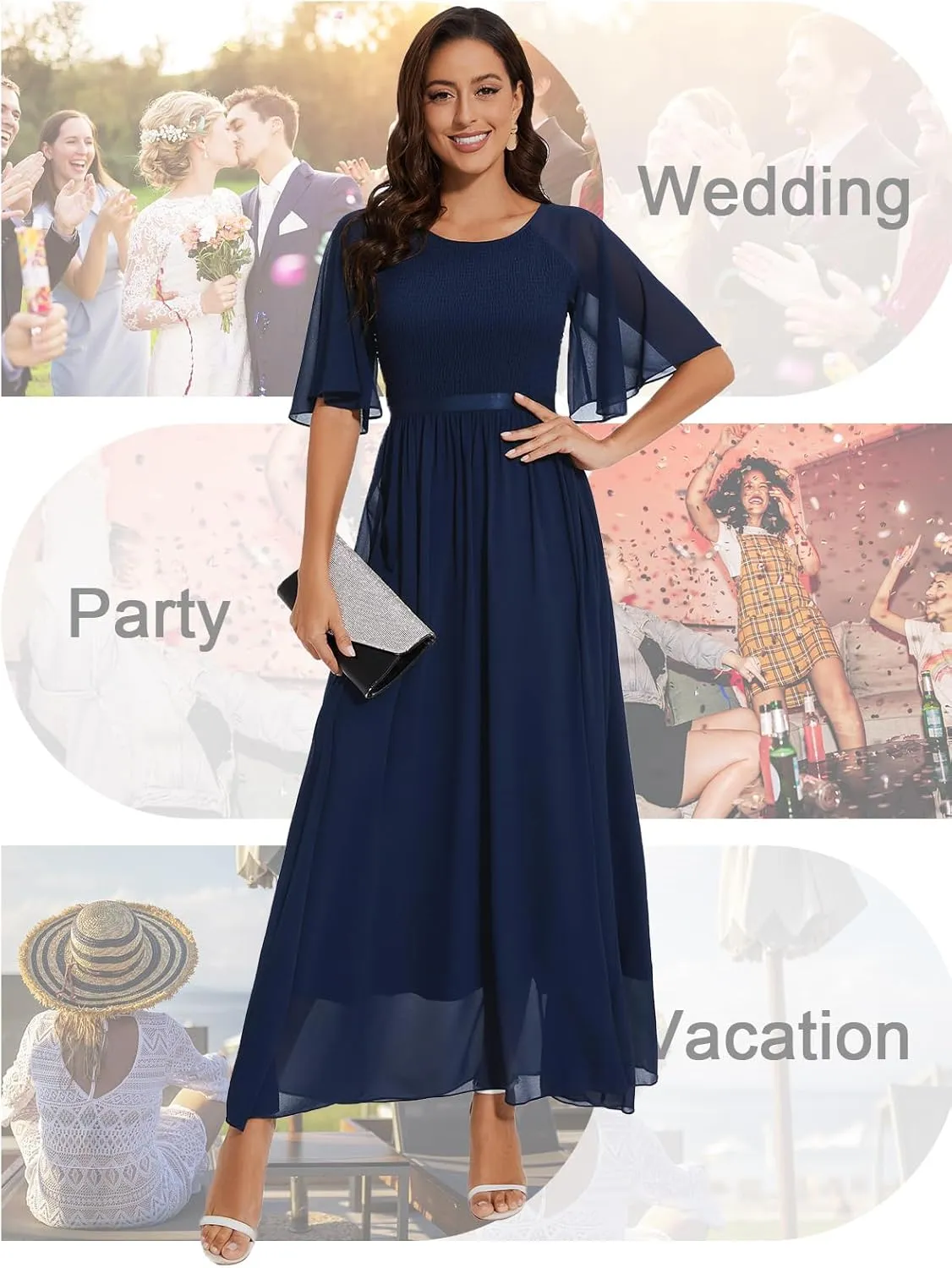 Womens Chiffon Bridesmaid Formal Gowns Short Sleeve Smocked Cocktail Prom Wedding Guest Maxi Dress